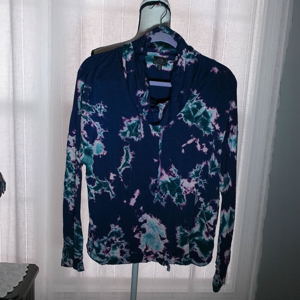 PL MOVEMENT Long Sleeve Cowl Neck Tie Hem Navy Blue W/Abstracts Yoga Top M